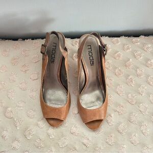 Moda Peep Toe Sling Back Heels Brown Leather Size 10
